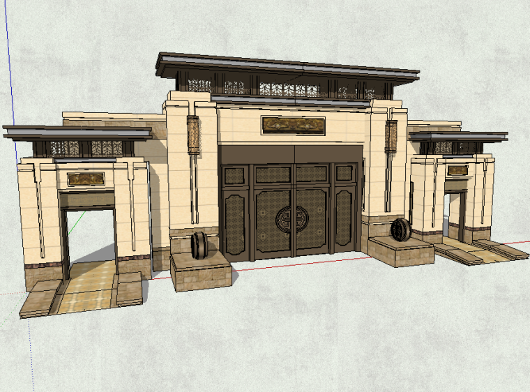 古建筑大门分类资料下载-某居住区入口大门模型设计（新中式风格）