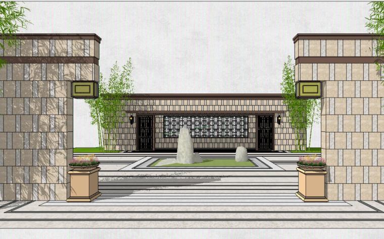 新中式居住区设计施工图资料下载-新中式风格居住区大门景观SU模型设计