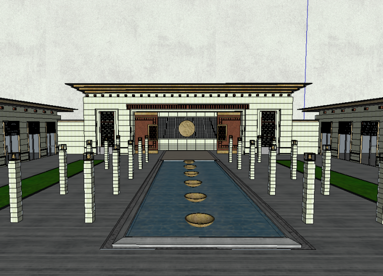 铁艺大门3d模型资料下载-精细居住区大门围墙设计模型（新中式风格）