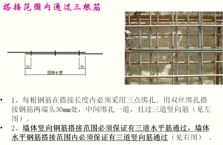 建筑工程钢筋混凝土结构施工工艺及质量要点培训PPT（近100页）-搭接范围内通过三根筋