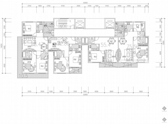 高层小户型住宅户型图板式资料下载-塔式高层一梯四户户型图(88/73/55/76)