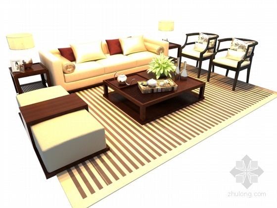 中式茶几3D模型资料下载-中式茶几沙发3D模型下载