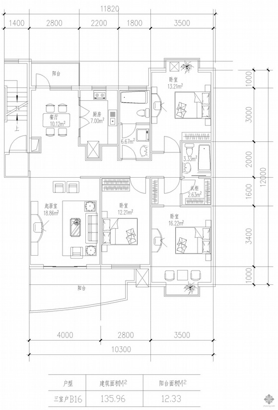 三室两卫一厅装修资料下载-板式多层一梯两户三室一厅二卫户型图(136/136)