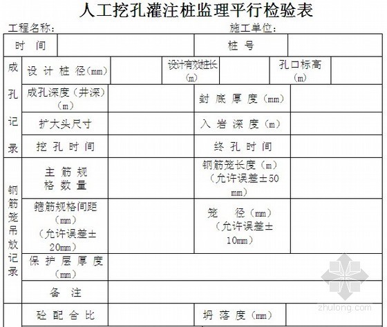 房建工程监理平行检测方案及用表（详细）-人工成孔灌注桩监理“平行检车”表 