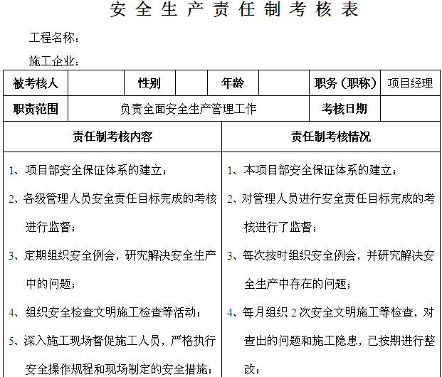 安全生产责任制考评资料下载-安全生产责任制考核表