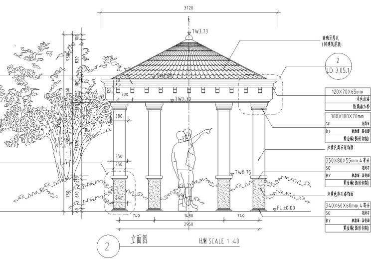 特色园形亭子设计详图 （钢筋混凝土结构）-立面图