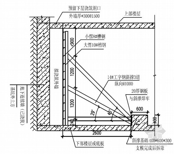 [广东]高层住宅楼模板及轮扣架支撑系统施工方案（2014年编制）-逆作法地下室外墙支模剖面图 