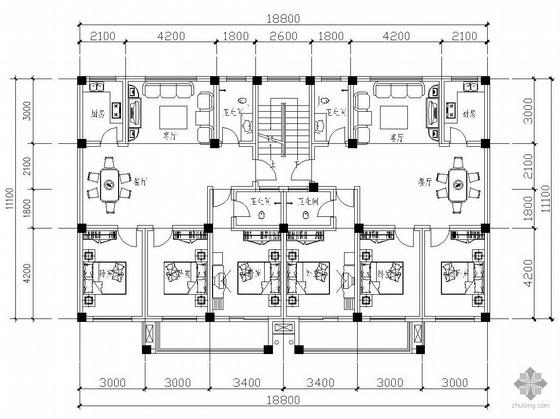 二室一厅平面图资料下载-板式多层一梯二户二室一厅二卫户型图(125/125)