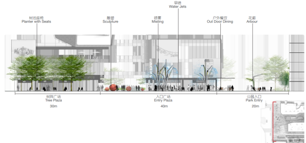 [广东]现代时尚城市商业广场景观设计方案-入口广场剖面图