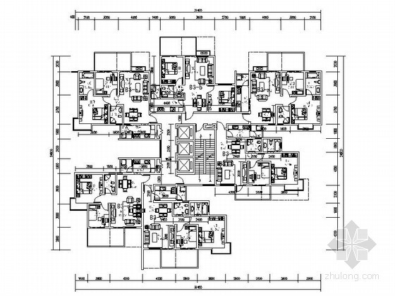 1梯6户公寓户型资料下载-高层住宅一梯六带入户花园户型图（74、88、113平方米）