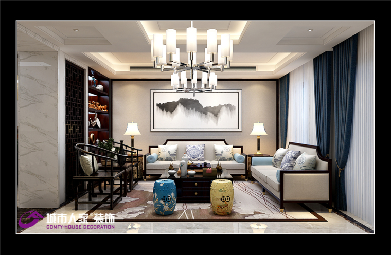 新中式的室内设计效果图资料下载-银丰南山墅装修新中式风格效果图