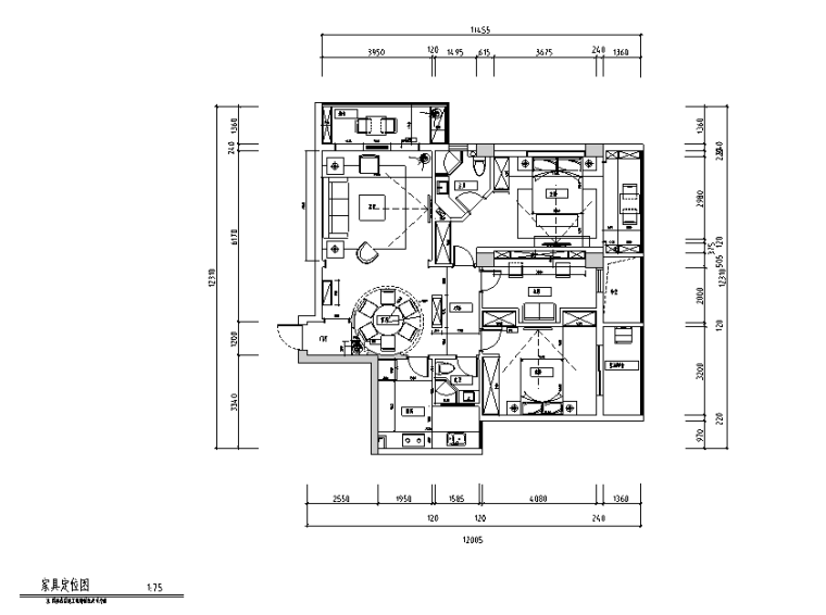 [福建]都市后花园现代中式三居室设计施工图（附效果图）-家具定位图