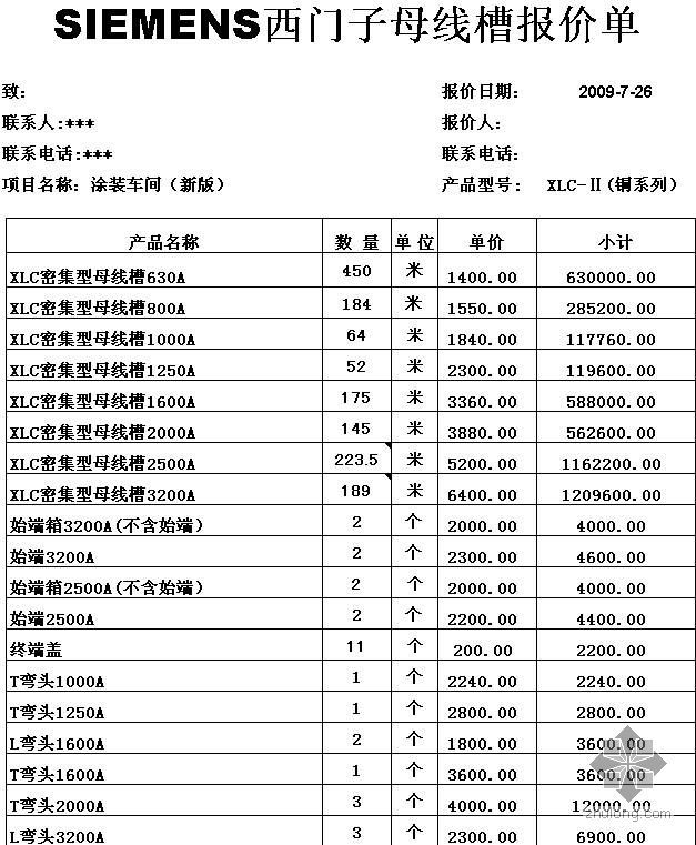 母线槽母线资料下载-2009年7月西门子母线槽价格信息