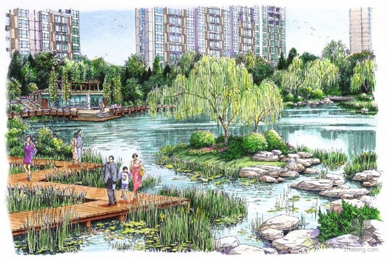 北京小区手绘景观总平面及效果图- 