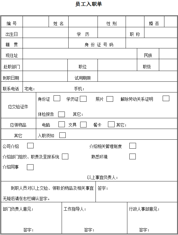 标杆企业物业管理公司全套制度2016版（178页）-员工入职单