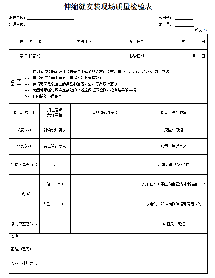 公路桥梁工程施工监理质量检验表格-伸缩缝安装现场质量检验表