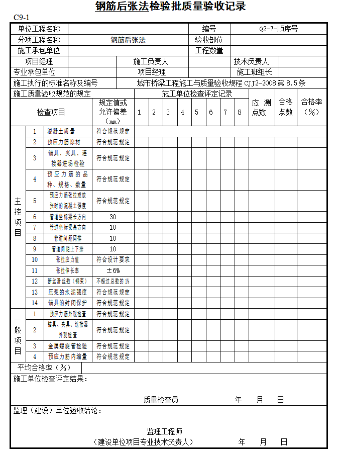 市政桥梁工程监理质量验收表格范本（133页）-钢筋后张法检验批质量验收记录