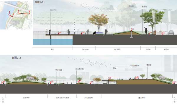 [浙江]滨水公共绿地城市文化新地标景观规划设计方案（6个公园项目附赠总体汇报视频）-庆安公园-景观剖面图