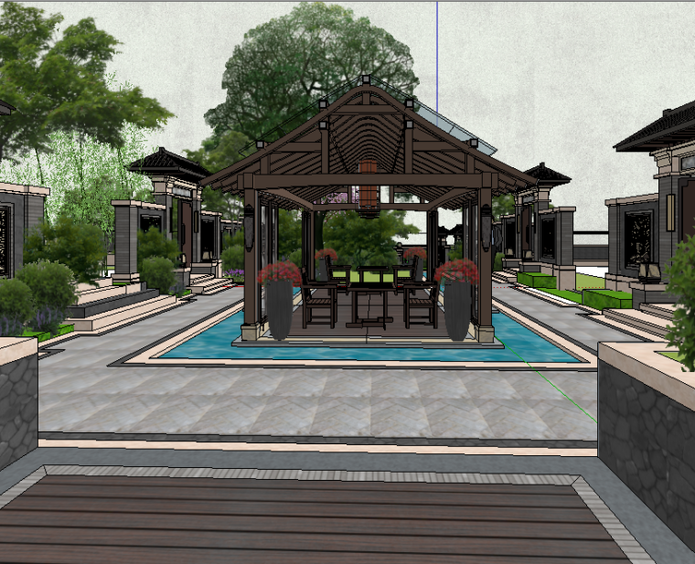 高端建筑居住区简欧风格资料下载-紫东花园居住区景观模型设计（新中式风格）
