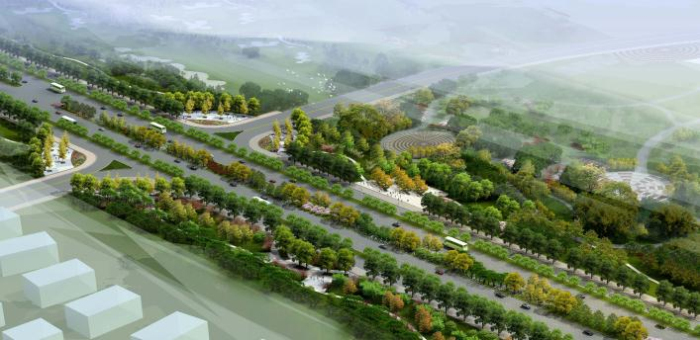 [江苏]生态融合分段规划绿色大道道路及内河景观优化方案-鸟瞰图5