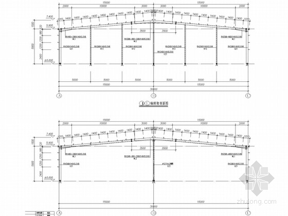 30米双连跨门式刚架单层封闭式钢结构厂房结构施工图-刚架剖面图 