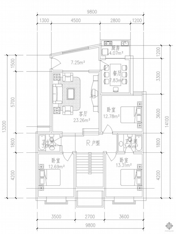90平米小别墅户型图资料下载-板式多层单户户型图(137)