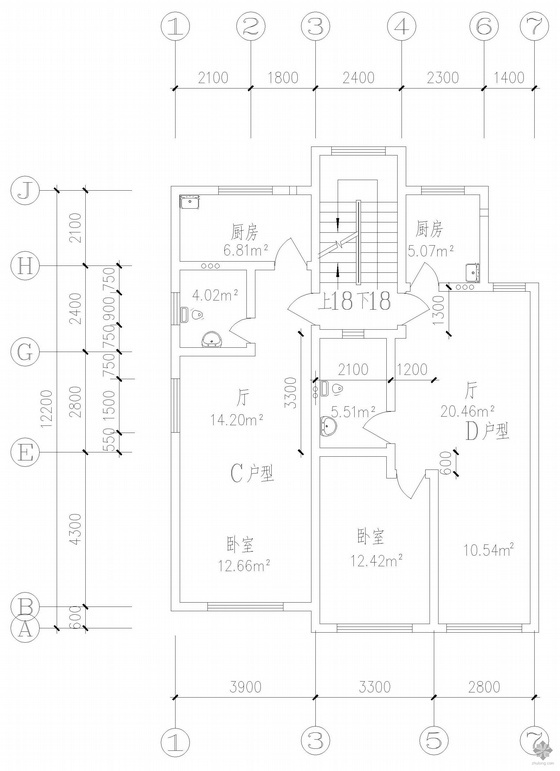 18层板式住宅户型图资料下载-板式多层一梯两户户型图(52/71)