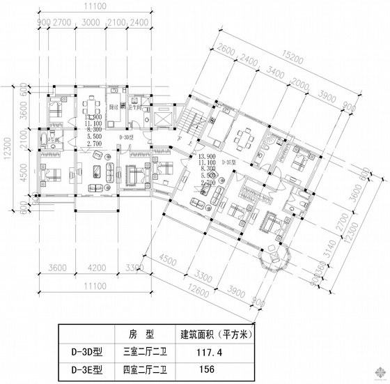 板式一梯四户户型图资料下载-板式多层一梯二户户型图(117/156)