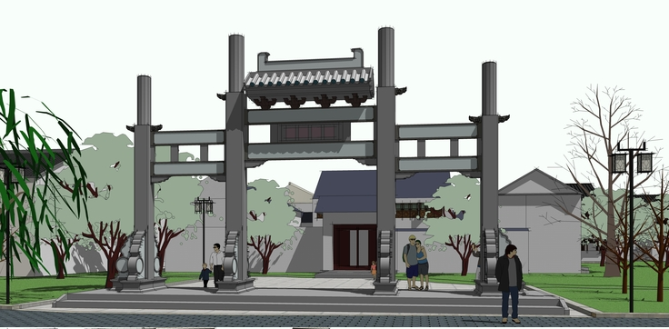 中式商业街建筑设计资料下载-中式南方商业街sketchup模型