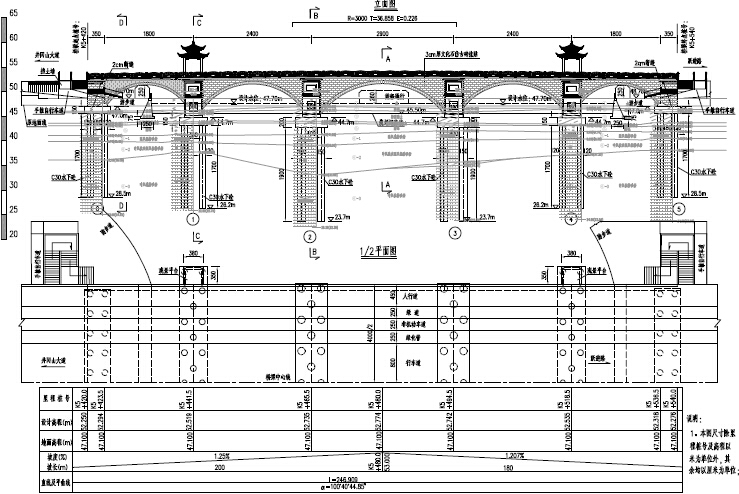 2016年设计（18+24+29+24+18）m五孔钢筋混凝土板拱桥及引道工程设计图135页（PDF）-桥型总体布置图