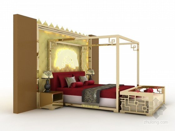 新中式酒店大床房资料下载-新中式床3d模型下载