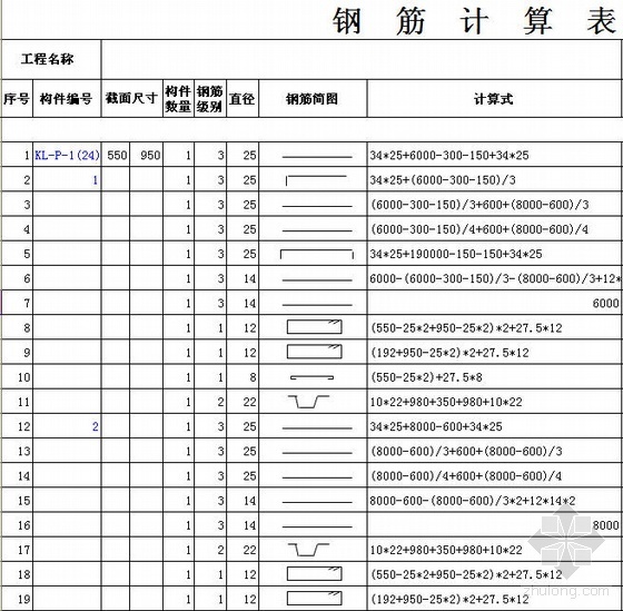 带肋钢筋材料资料下载-钢筋计算excel表（带钢筋简图）