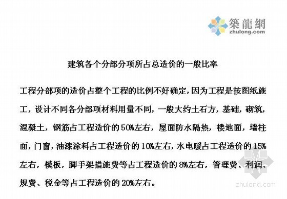 各分项建筑占比资料下载-建筑各个分部分项所占总造价的一般比率