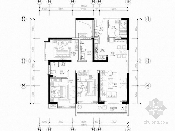 一套三居室室内设计资料下载-[广东]某公馆精装三居室样板房室内设计方案
