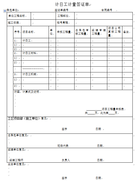 工程计量管理办法-计日工计量签证单