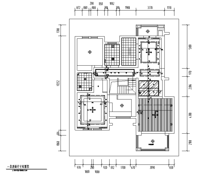 简约主义风格三居室别墅设计施工图（附效果图）-一层顶面尺寸布置图