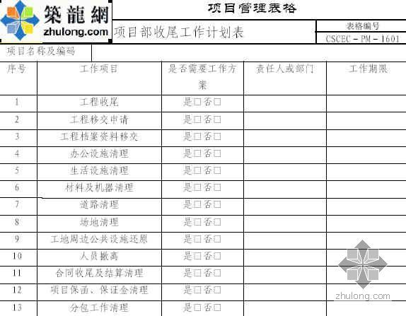 公路项目运营公司工作计划资料下载-项目部收尾工作计划表