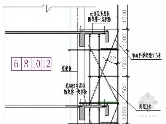 [北京]高层医疗建筑外悬挑单排钢管脚手架施工方案-标准层架体搭设剖面图 