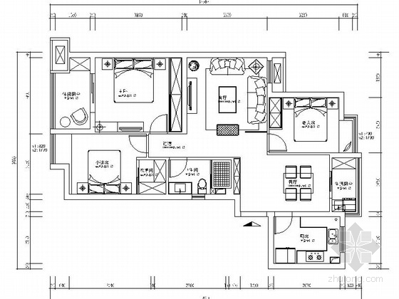 古典园林建筑施工图平面资料下载-[杭州]新古典园林小区简欧三居室装修图