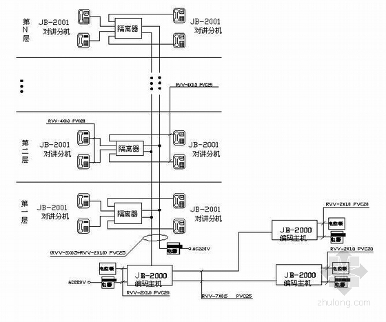 高级大厦型访客对讲系统资料下载-JB-2000型三主机并机访客对讲系统图