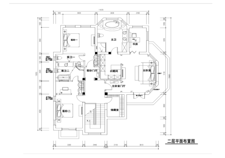 300平独栋欧式风格别墅室内设计施工图-二层平面布置图