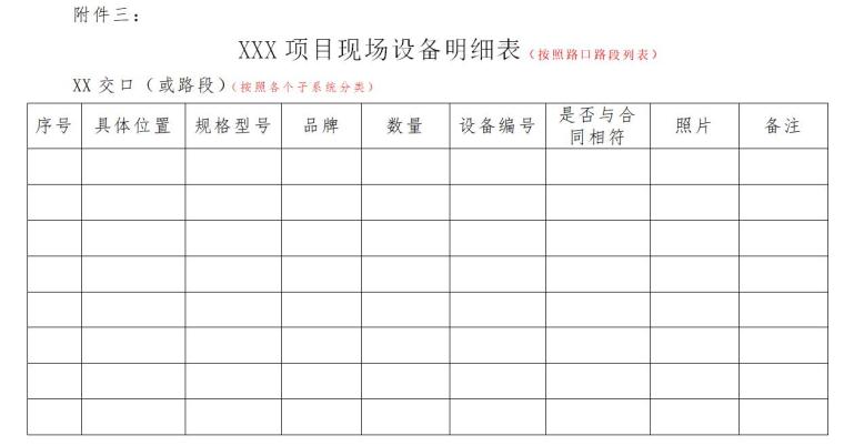 交通设施工程验收流程及竣工资料新模板-项目现场设备明细表