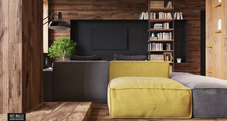 时尚黑色沙发资料下载-俄罗斯：木质与黑色调 营造温暖酷炫的居家氛围