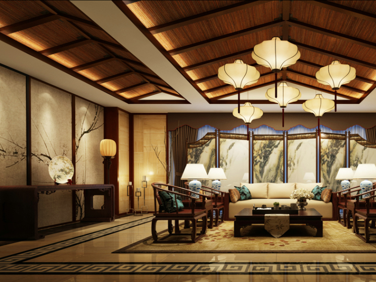 中式客厅3d效果图资料下载-时尚中式客厅3D模型下载