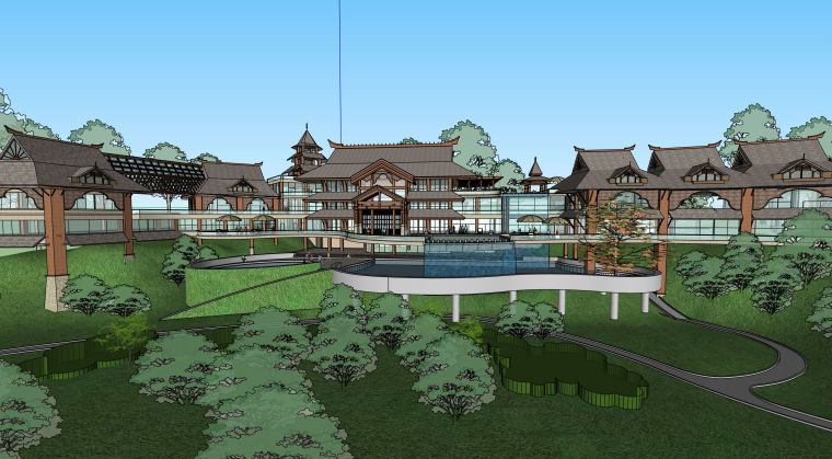 中式度假村酒店外立面设计资料下载-中式古典度假村酒店建筑设计模型