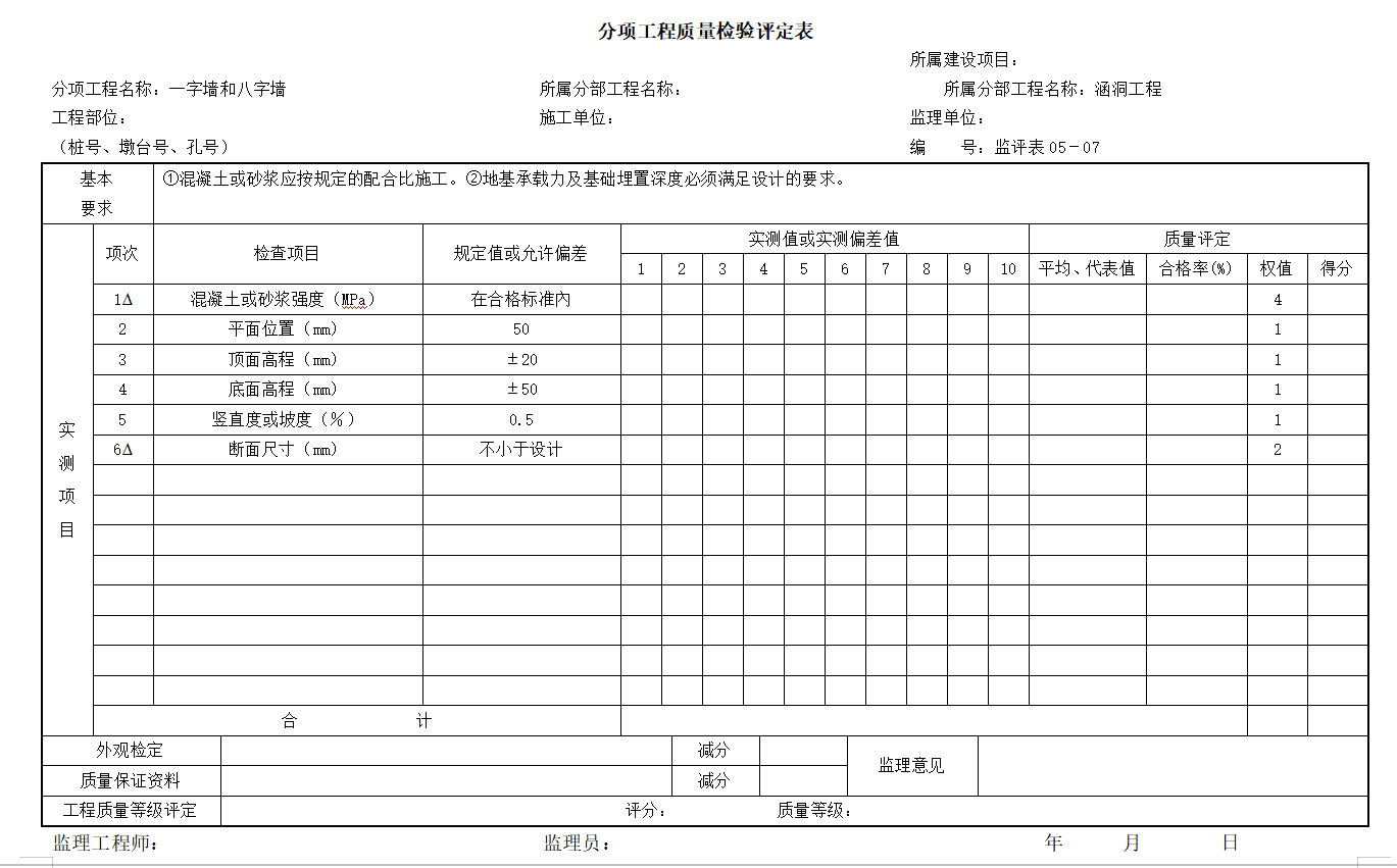 公路桥梁分项工程监理质量检验评定表