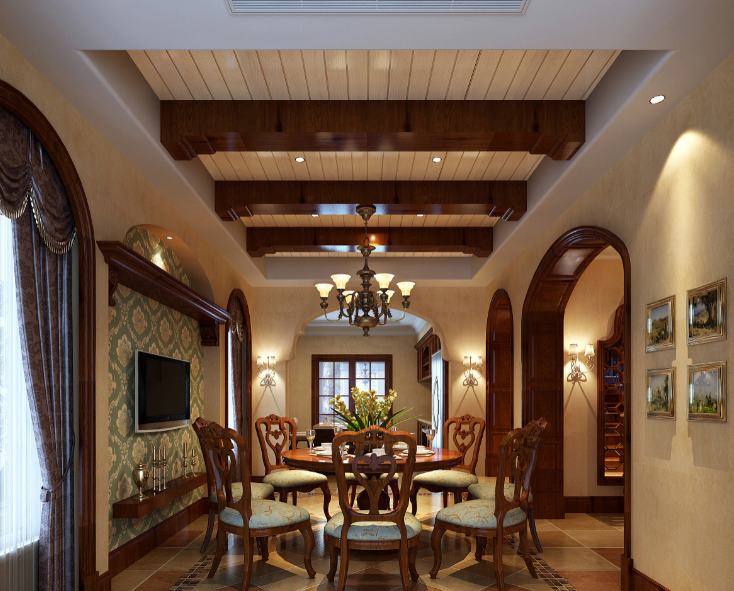 [江苏]美式古典风格500平米联体别墅设计施工图（附效果图）-餐厅效果图
