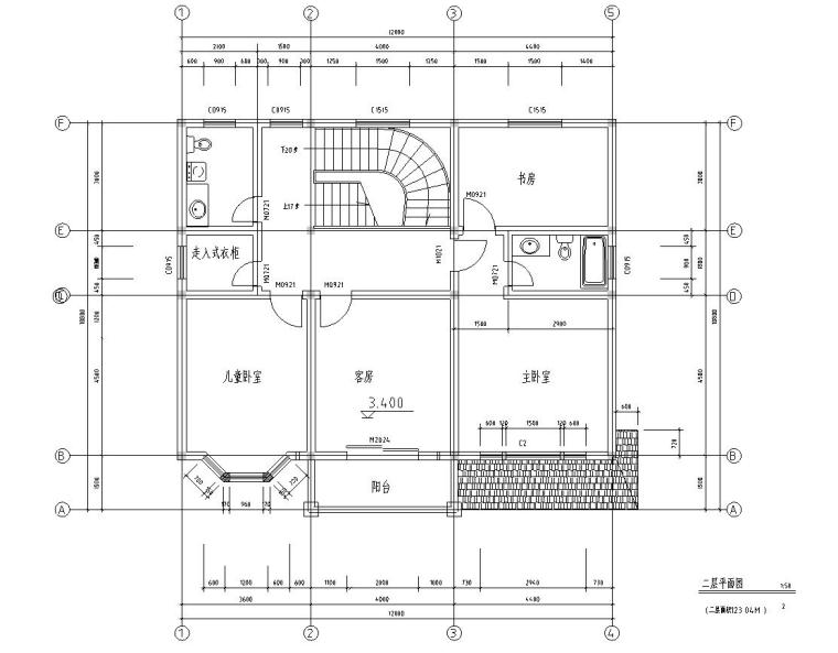 现代风格二层半独栋别墅建筑施工图设计-二层平面图