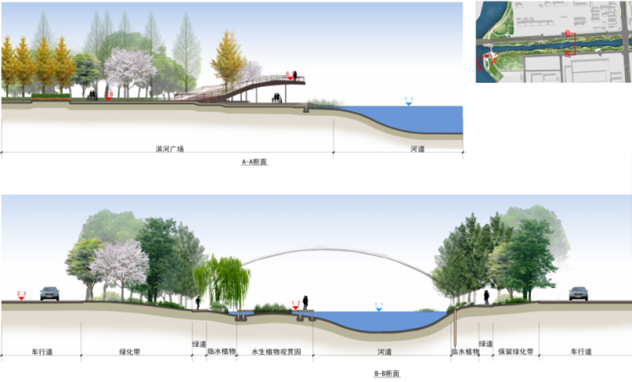 [江苏]生态绿色森林廊道打造绿色印记长卷滨水休闲景观设计方案-景观断面图