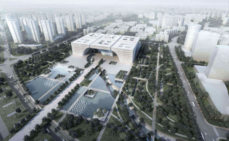 高明文化中心方案设计资料下载-[江苏]超现代常州市三馆一中心建筑方案设计